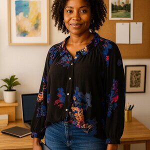 Free People Women’s Black Floral Button Front Blouse Size XS BOHO